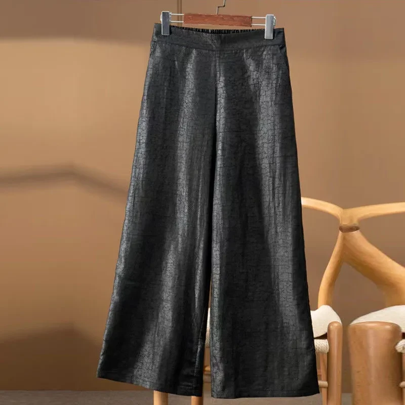 老料龟裂纹香云纱半松紧腰阔腿裤夏新款复古桑蚕丝九分裤真丝裤子