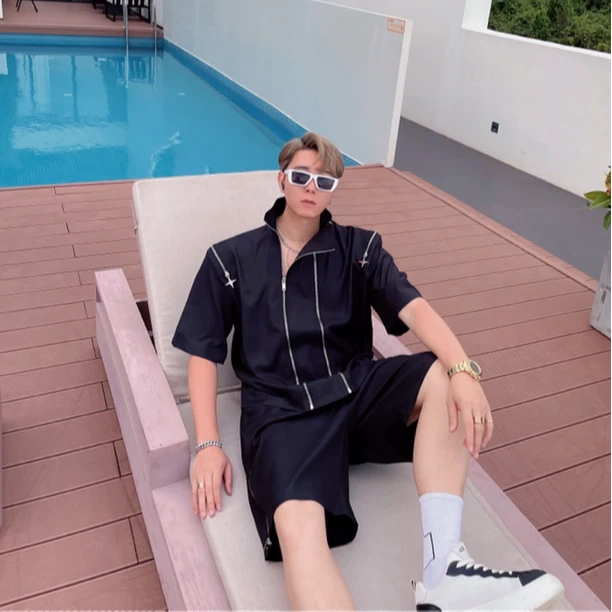 夏季轻奢潮流衬衫男士高级感痞帅黑色百搭休闲裤装短袖衬衣套装