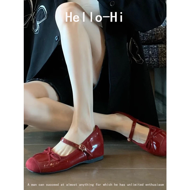法式绝美气质温柔玛丽珍鞋红色浅口蝴蝶结一字扣带内增高单鞋婚鞋