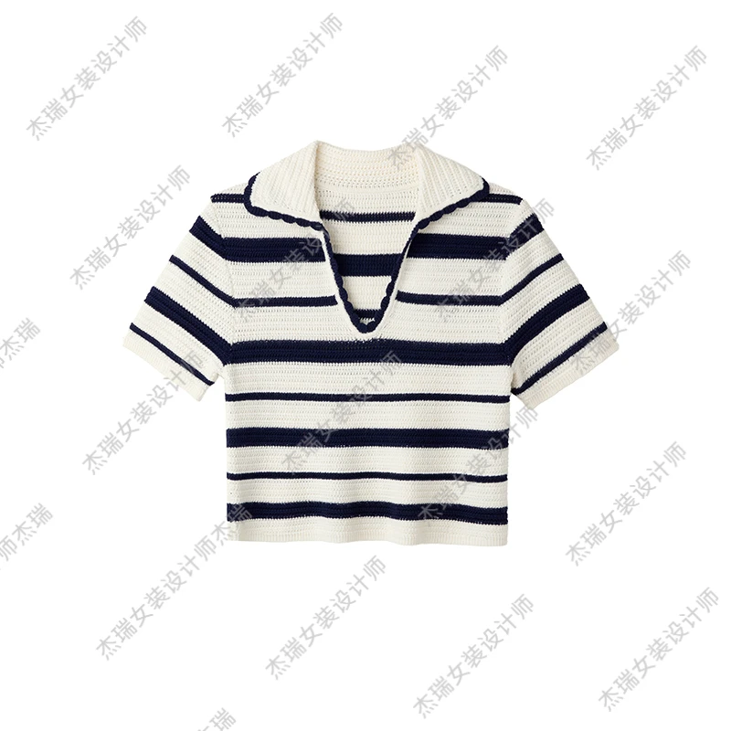 JUNJJ【雪落梅香】2024条纹针织翻领短袖休闲短款时尚设计气质