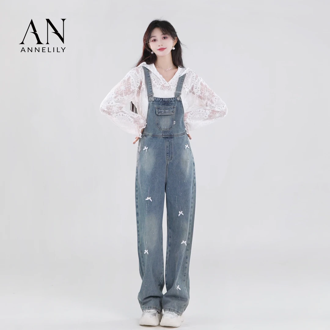 ANNELILY 安琪琪【】新款百搭修身牛仔背带裤AK2503147