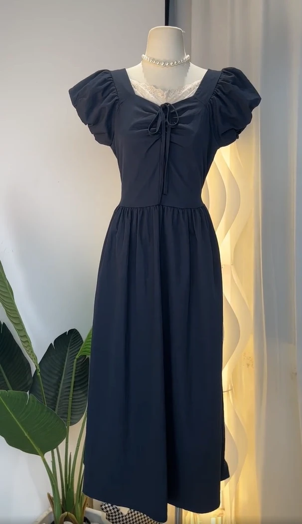 夏季新款蝴蝶结设计感蕾丝甜美长裙气质百搭减龄收腰显瘦连衣裙