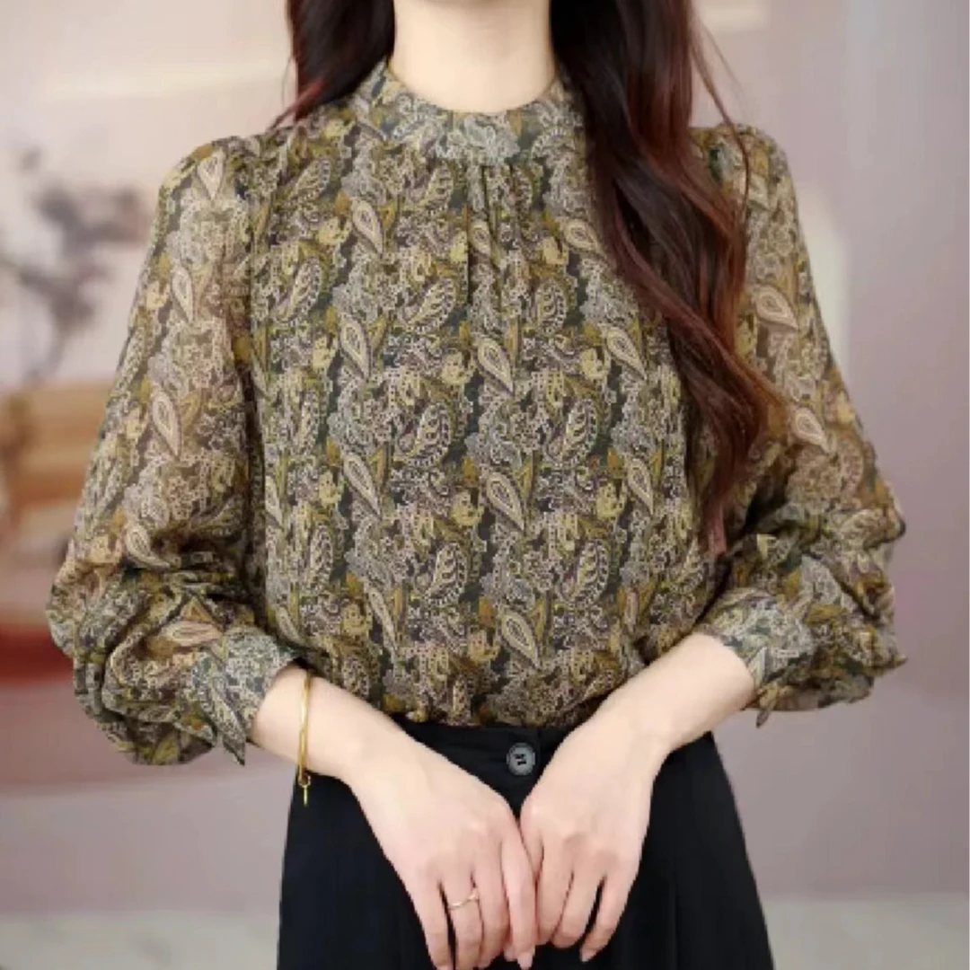 X9996时尚印花小衫女2025新款显瘦遮肉轻薄透气百搭小衫上衣女