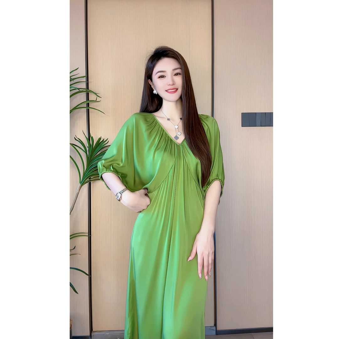 【深圳米熙儿】桑蚕丝法式高端女神范V领时尚印花连衣裙25005