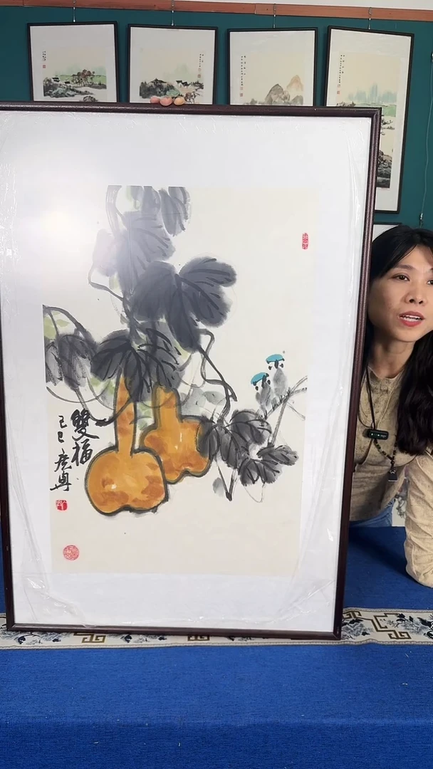 国画福禄大吉实木装裱63*93