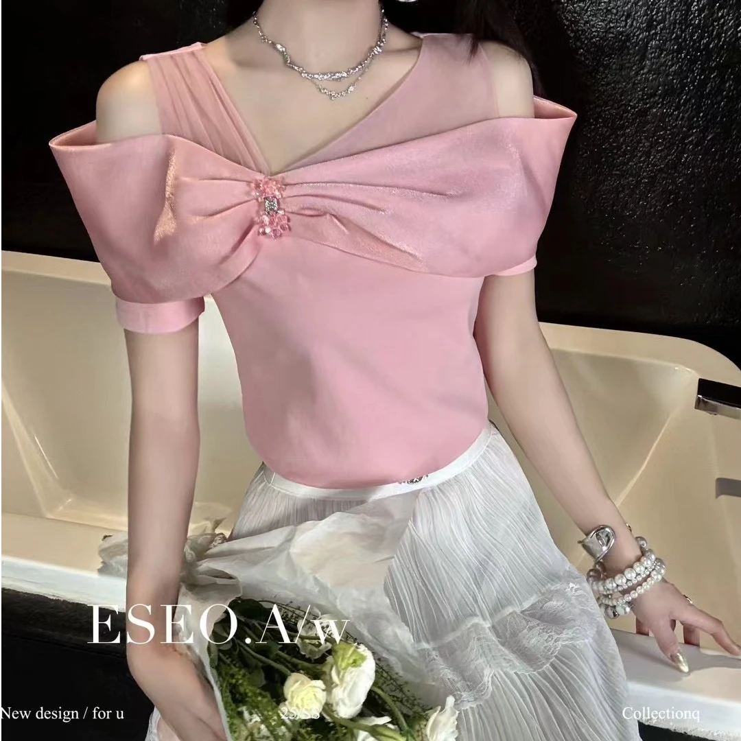 露肩一字肩漏肩网纱棉T液氨短袖设计感百搭纯色春夏上衣6143