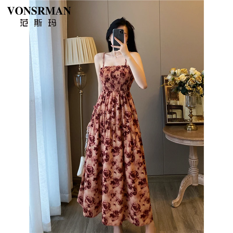 法式复古碎花裙吊带连衣裙女2025夏季新款高级感气质高腰显瘦长裙