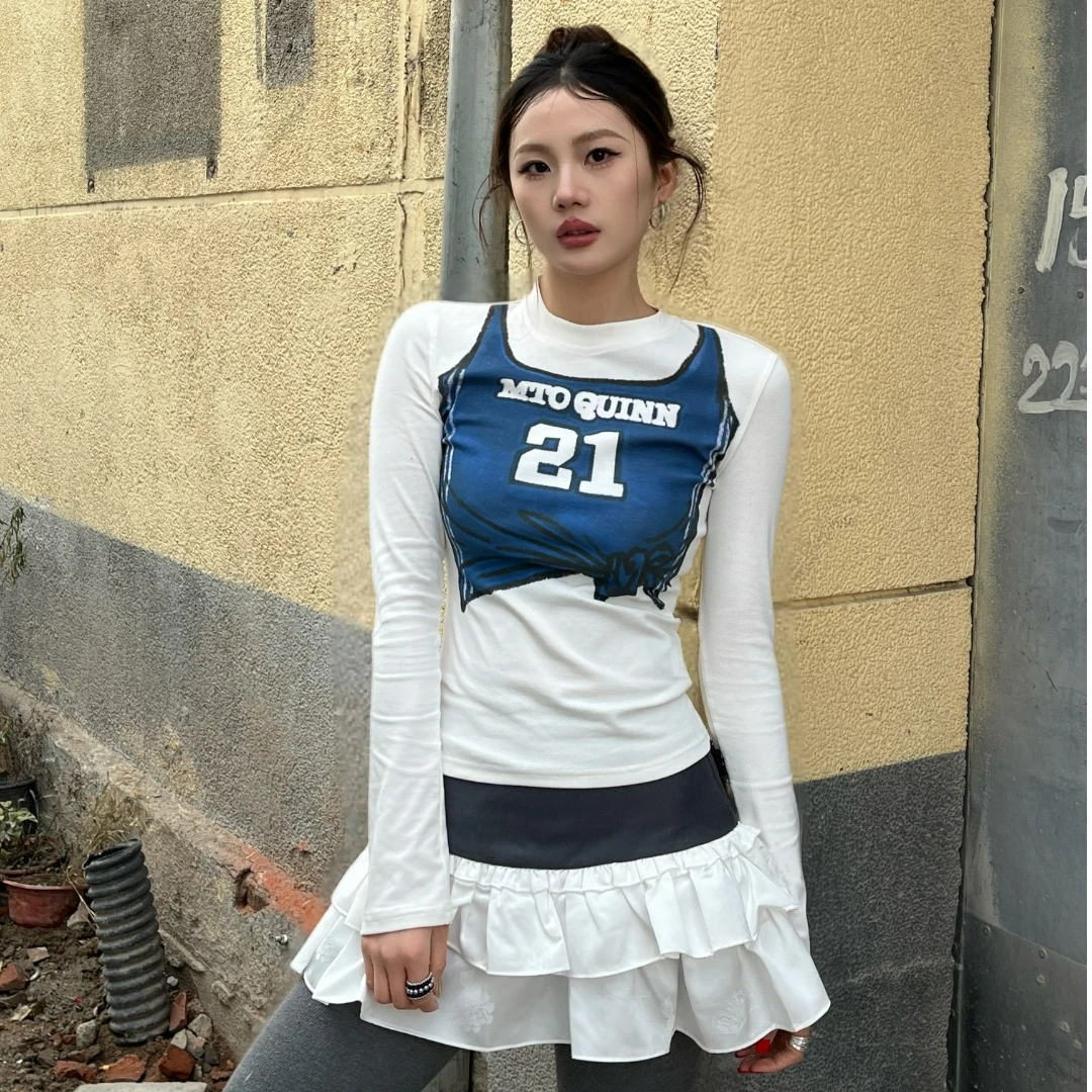 Mto Quinn印花打底衫设计感撞色内搭短款修身白色小众白色长袖T恤