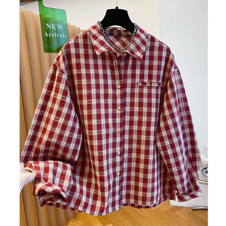 高级感红色格子衬衫女棉质新款秋季时尚宽松休闲甜美减龄长袖上衣