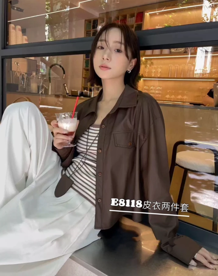 早秋上新皮衣两件套时尚宽松短外套翻领少女网红百搭ins韩版