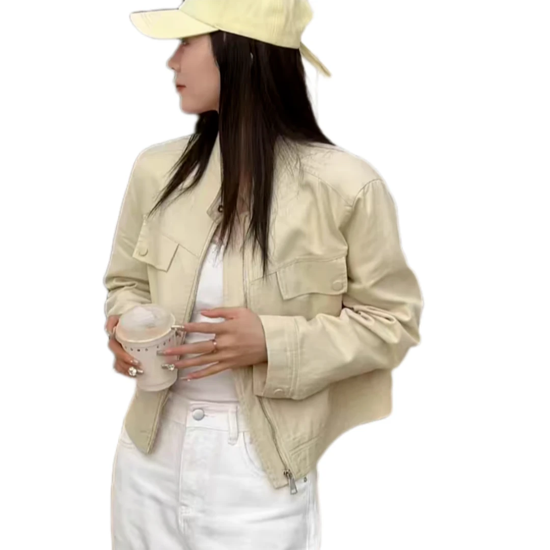 L5803立领简约机车短款外套兜盖一粒扣女春新款时尚显瘦百搭上衣