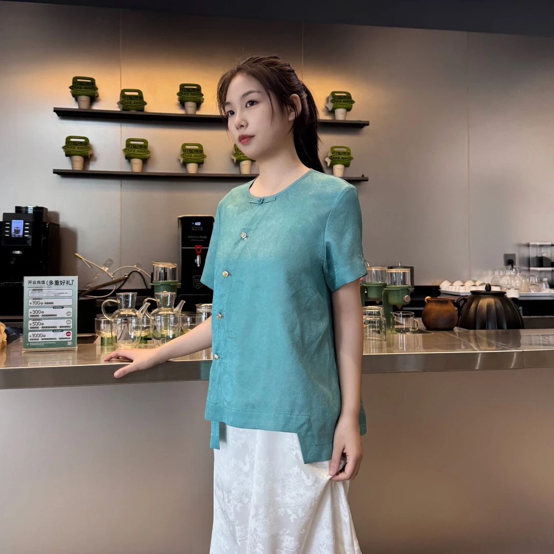 【真丝质感小衫】夏季100%桑蚕丝新中式复古圆领百搭小衫女气质