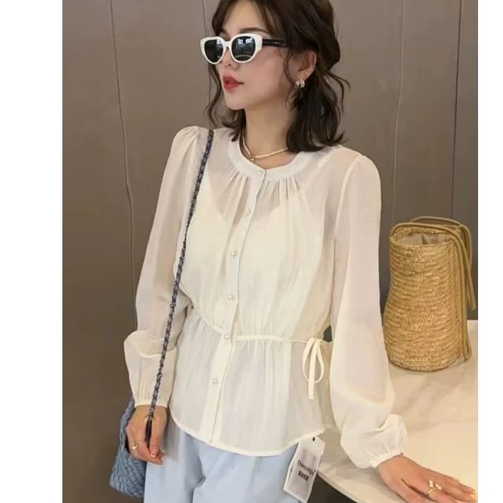韩系2025春季时尚百搭圆领宽松衬衫女显瘦抽绳设计感上衣H083