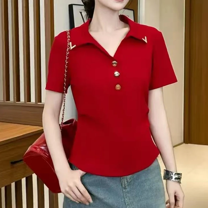 2025夏季新款V领短袖t恤修身显瘦修身时尚百搭女士上衣1615长53