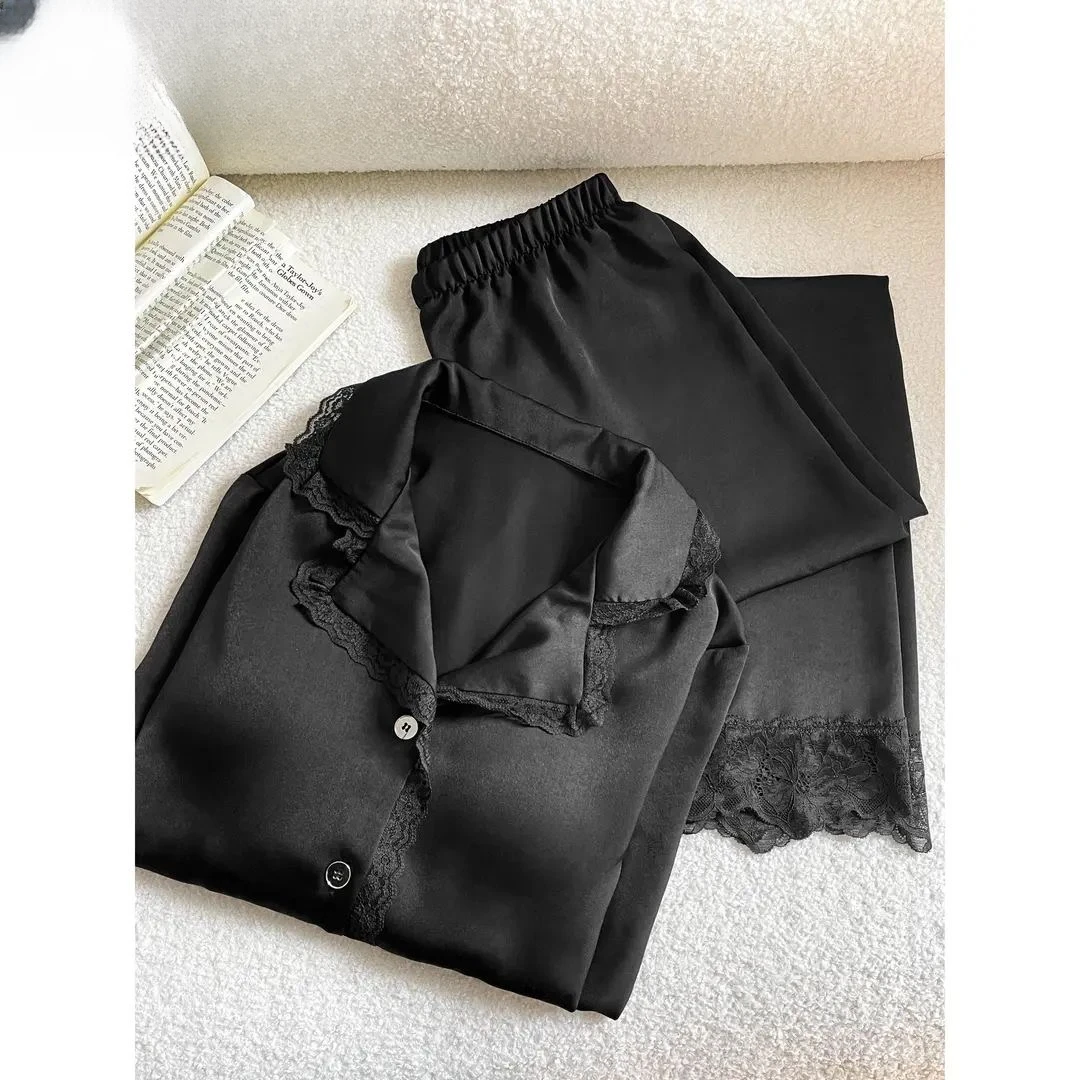 黑色纯欲蕾丝拼接冰丝睡衣女带胸垫春夏款2025新款家居服大码