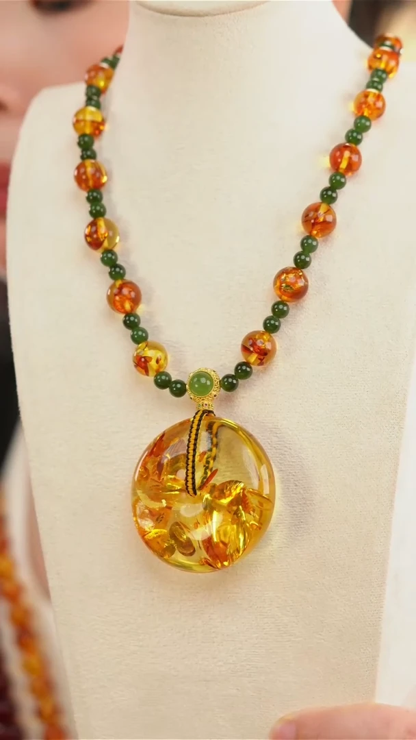 未镶嵌颈饰琥珀（花珀）孤品51*17mm花珀平安扣项链