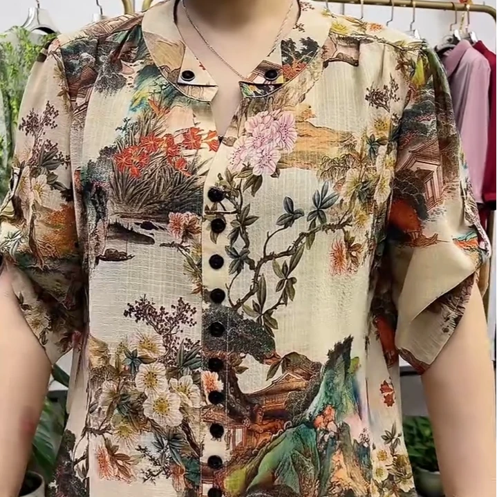 百搭七分袖防晒女装夏款国风雪纺衫2025新款宽松休闲中老年妈妈装