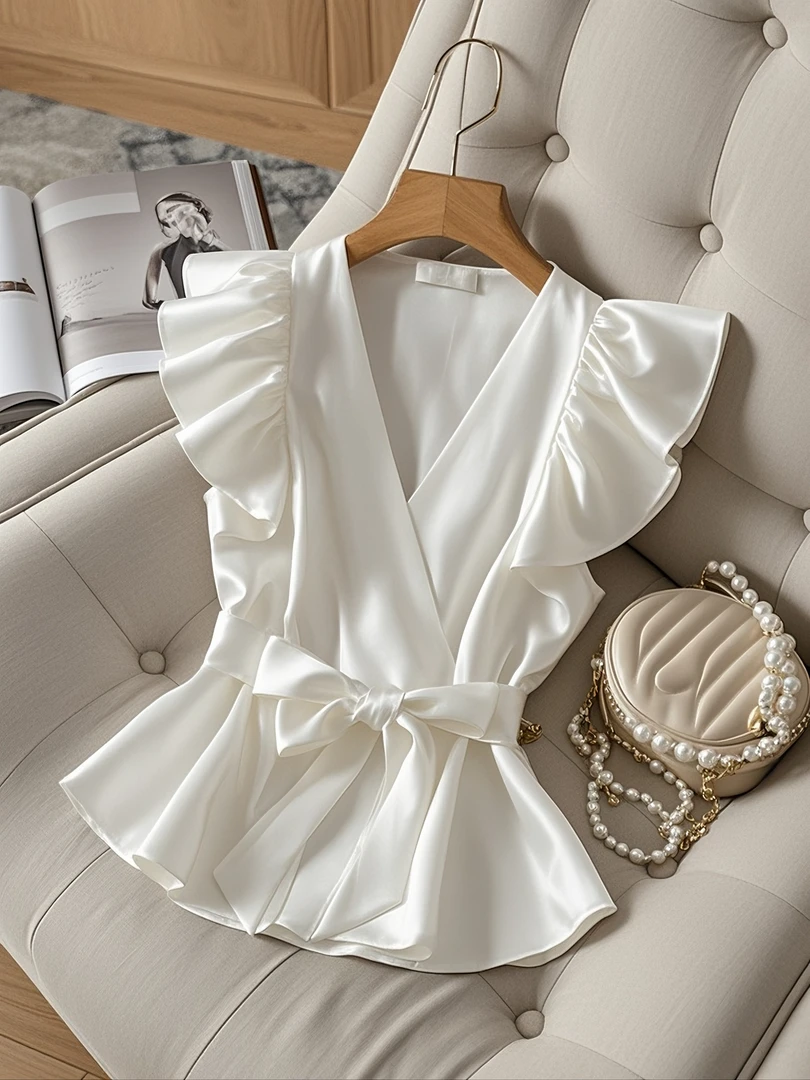 轻熟风女装系带小香风职场休闲风千金风白色上衣夏季新款洋气T恤