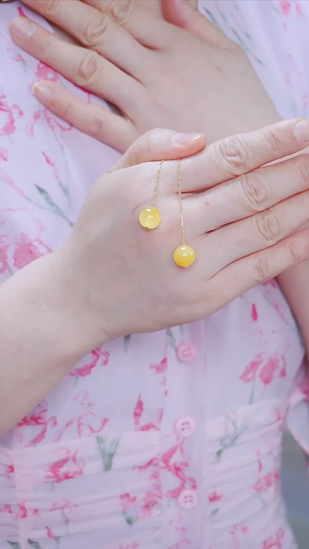 银S925镶嵌蜜蜡耳饰1【】珠径9+