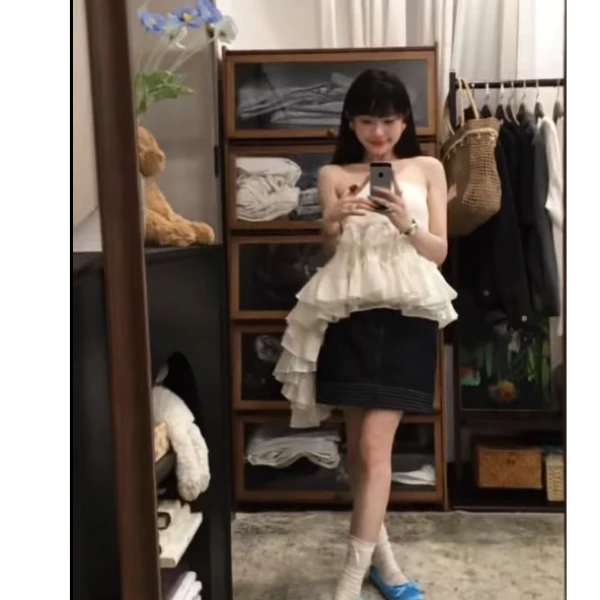 法式设计感荷叶边白色不规则抹胸背心上衣女搭高腰显瘦半身裙套装