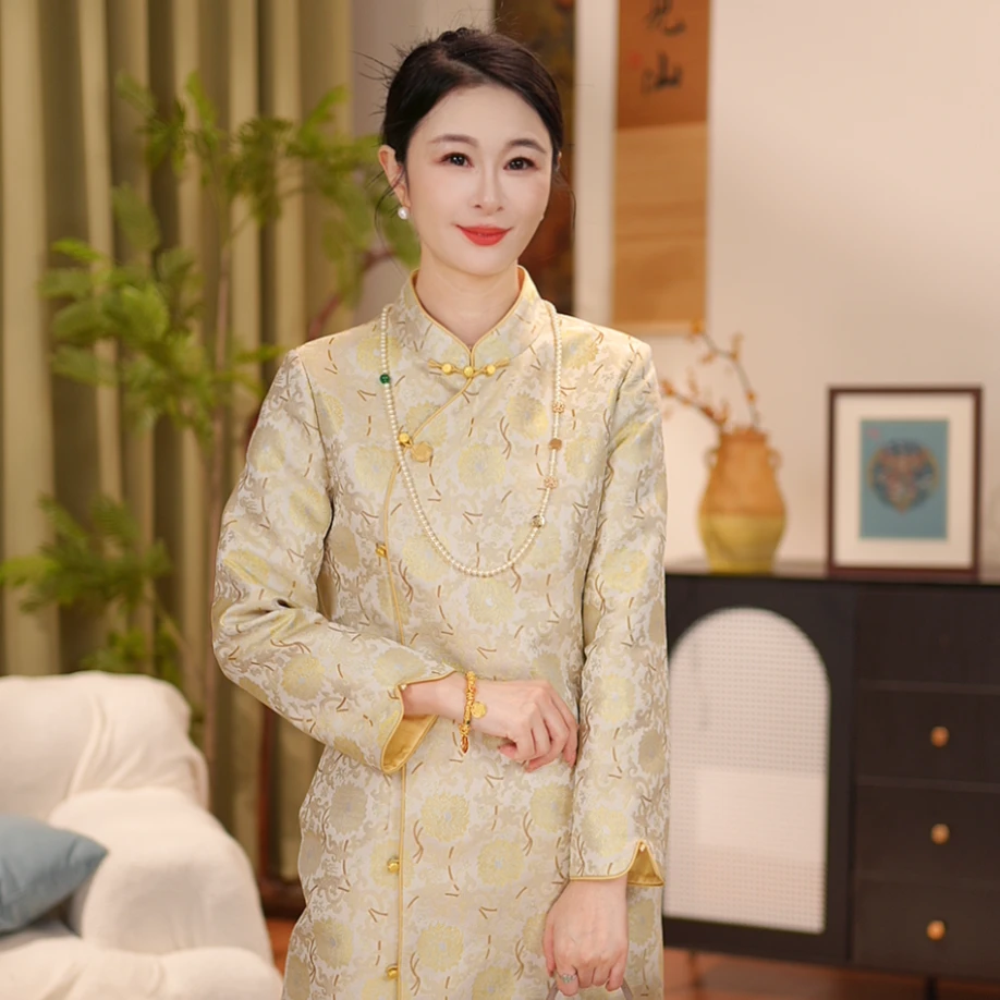 【贺贺·缠枝莲】桑蚕丝冬季宋锦旗袍裙显瘦旗袍秋冬J5137