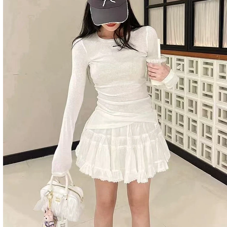 字母粉色T桖女开叉圆领打底衫女长袖长袖打底针织夏季百搭显瘦
