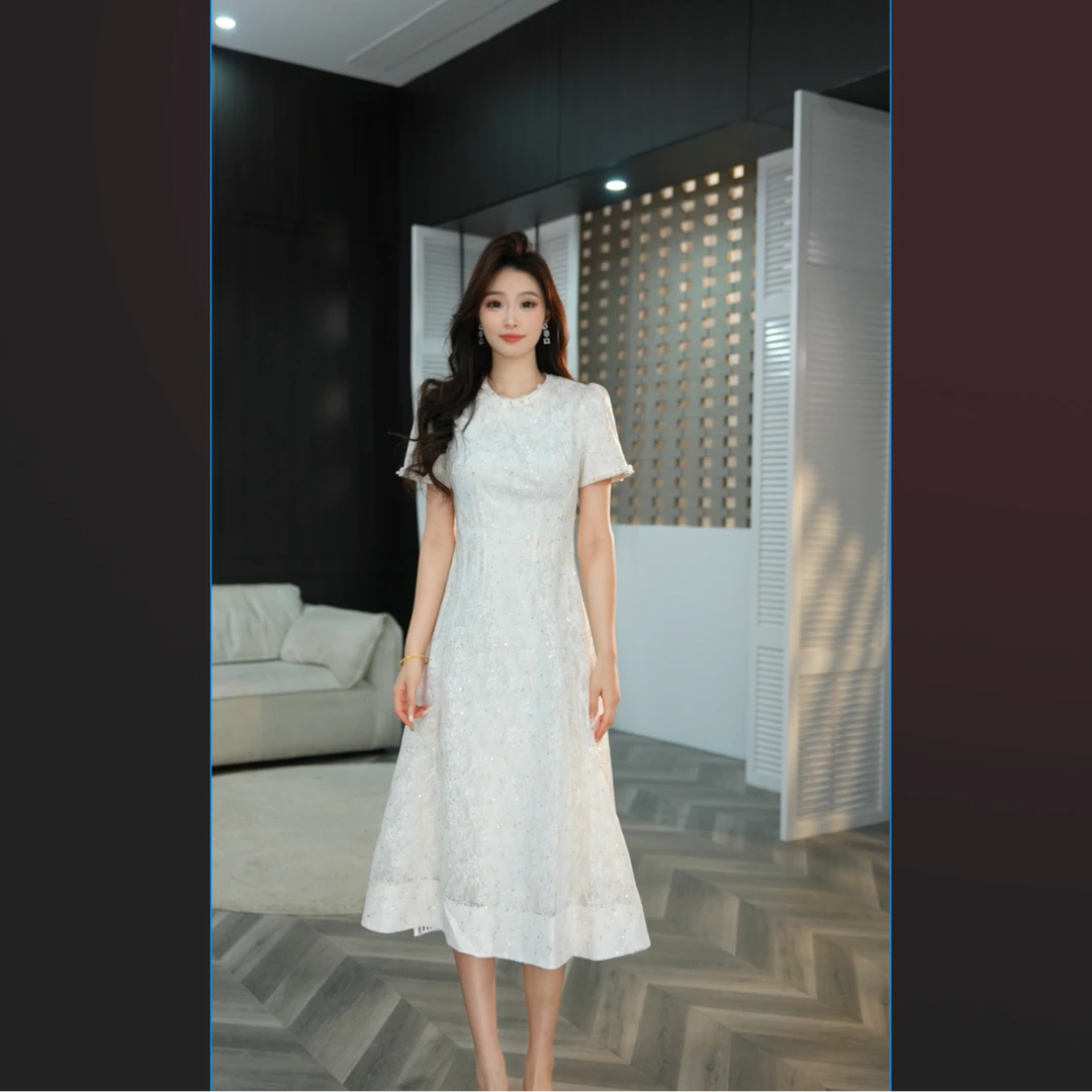 气质法式重工轻奢优雅短袖收腰显瘦大摆连衣裙21747