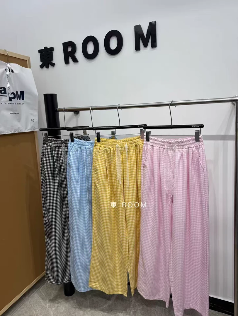 东room2025新款韩版宽松显瘦百搭休闲抽绳格子裤女直筒阔腿长裤子