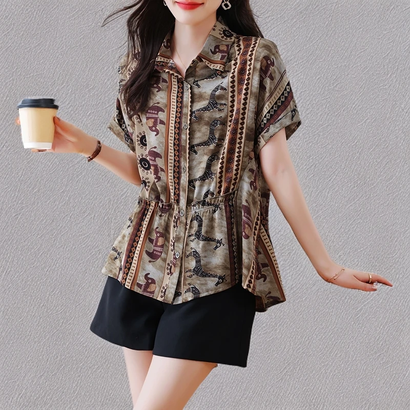 印花短袖衬衫女夏季中老年气质小衫大码宽松遮肉显瘦上衣开衫薄款