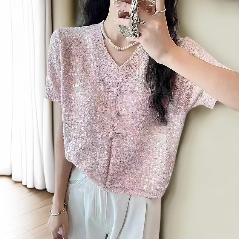 新中式国风T恤短袖2025夏季新款盘扣V领针织亮片上衣纯色毛衣女