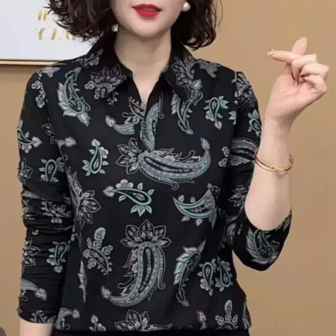 2025早春新款长袖t恤女士翻领印花时尚减龄洋气妈妈装薄款打底衫