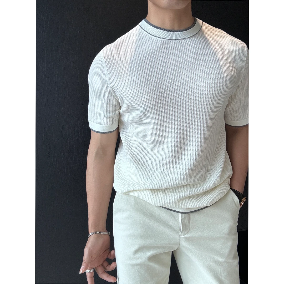 DAN LANG 222# 菠萝针编织撞色短袖针织衫