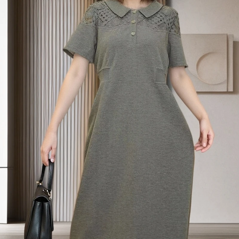 003流行时尚连衣裙女2025纯色设计Polo领韩版百搭中长款短袖裙子
