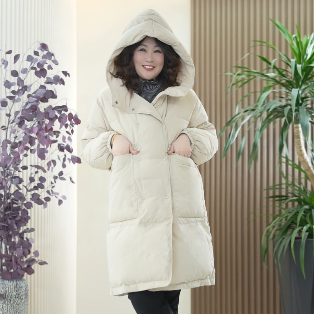 新国标90白鸭绒连帽羽绒服大口袋收腰中长款大码保暖冬季外套女潮