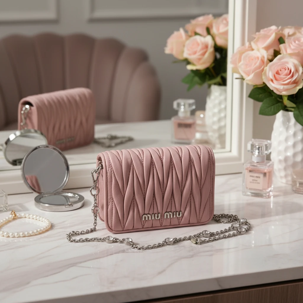 95新 MIU MIU/缪缪 粉色链条钱包1785 7808