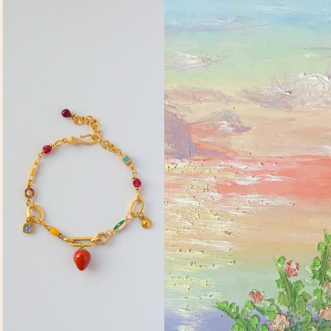 黄铜锆石手链 原创复古时尚精致滴油珐琅微镶锆石草莓手链轻奢高