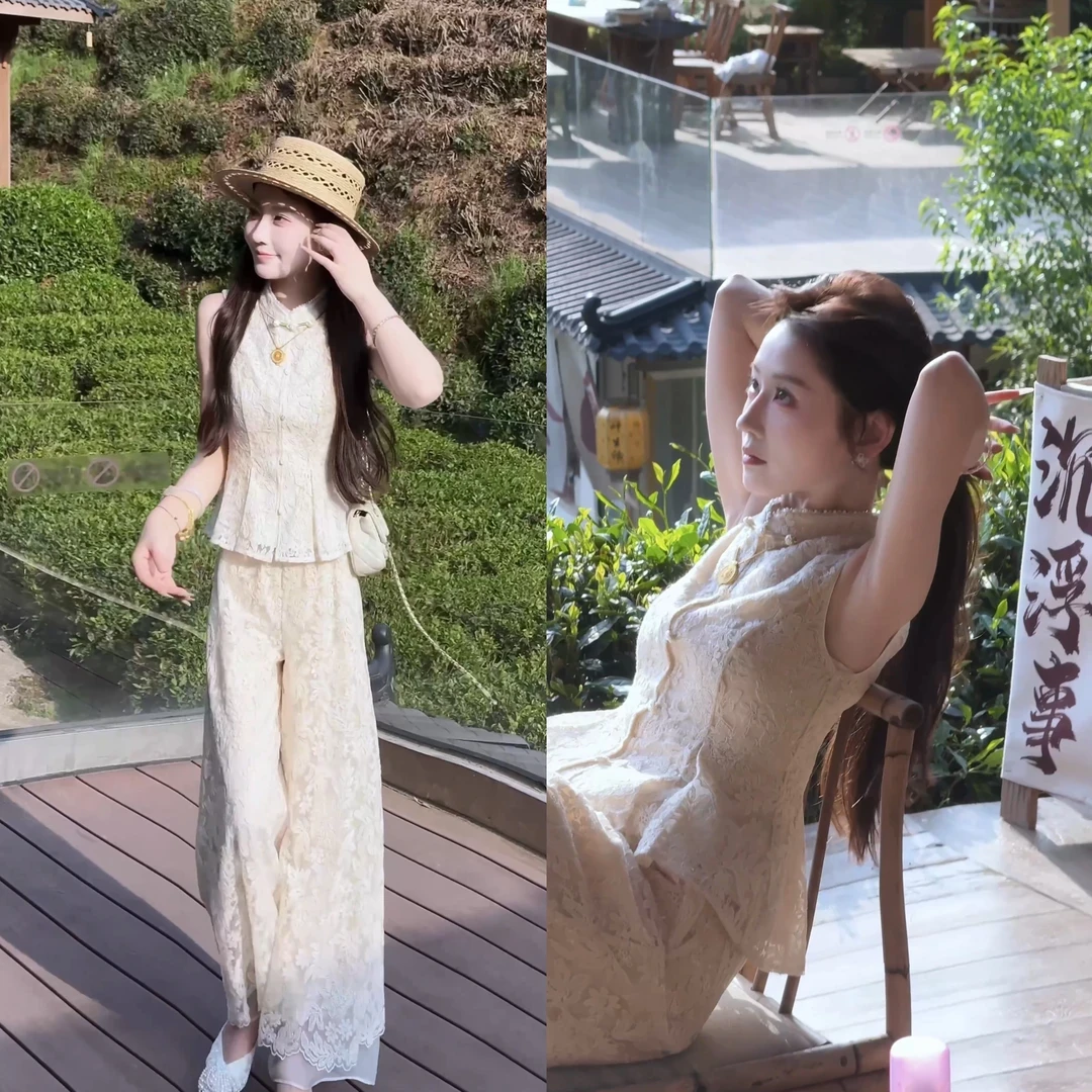 《西湖龙井》高级感 蕾丝刺绣裤装套装别致盘扣设计收腰收腰上衣女