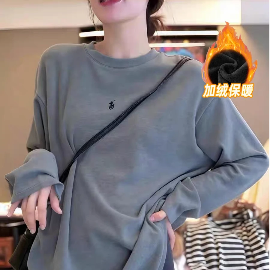 【战马刺绣】宽松款加绒加厚柔软长袖t恤女秋冬百搭中长款保暖打底