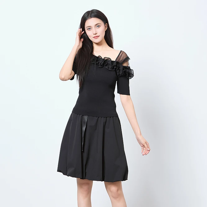 S·DEER露肩打底纯色拼接设计师夏日修身正肩针织t恤S252Z3510