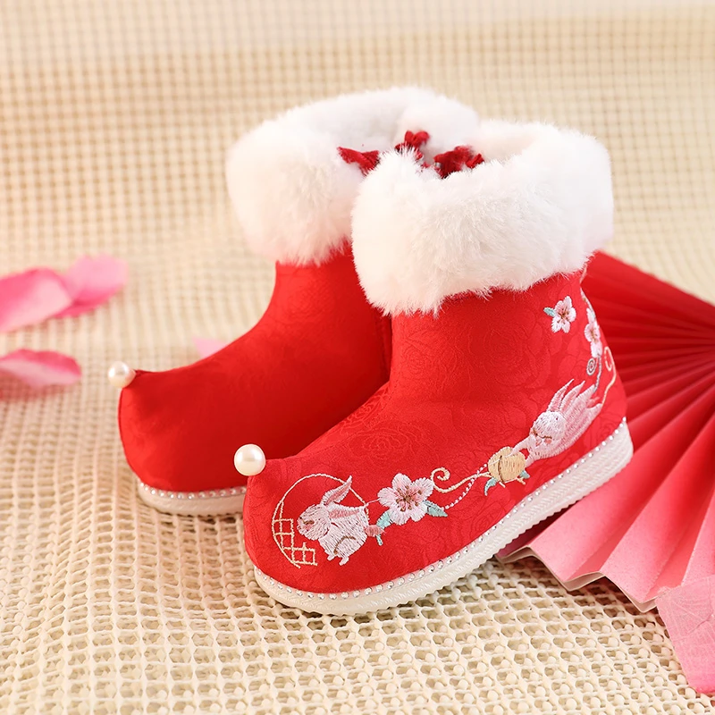 女童汉服棉靴冬新款加绒保暖古风鞋子儿童唐装老北京绣花宝宝靴子