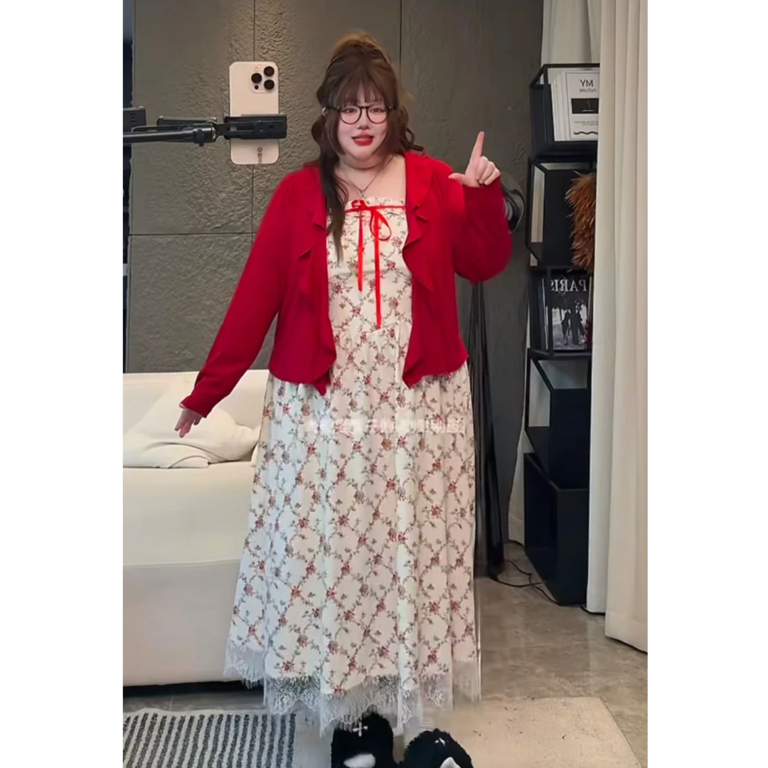 甜欲风红色碎花吊带收腰法式花苞连衣裙女春夏红色绑带开衫两件套