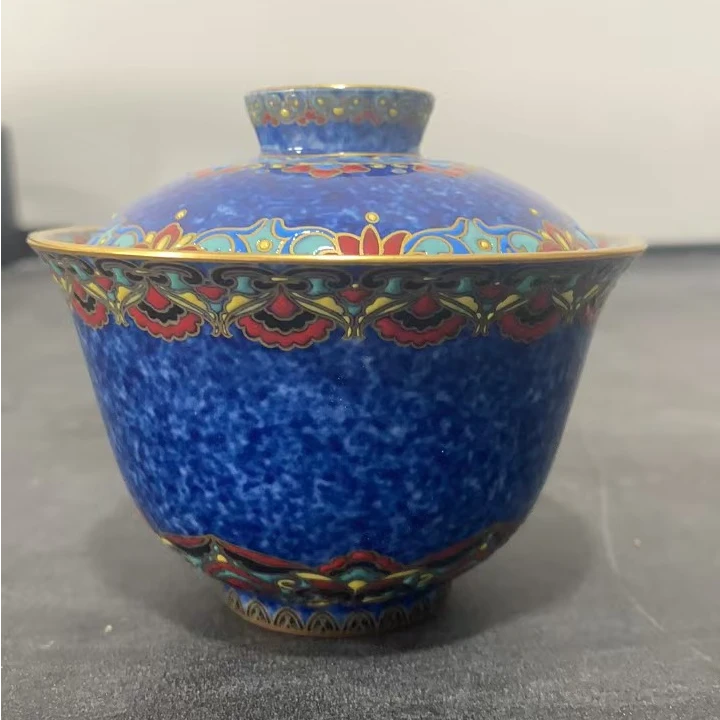 景德镇昱器洒蓝金银错盖碗微瑕