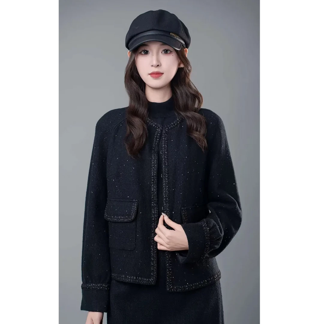 阿玛施秋冬新小香风款时尚洋气经典花呢圆领外套宽松5400312百搭