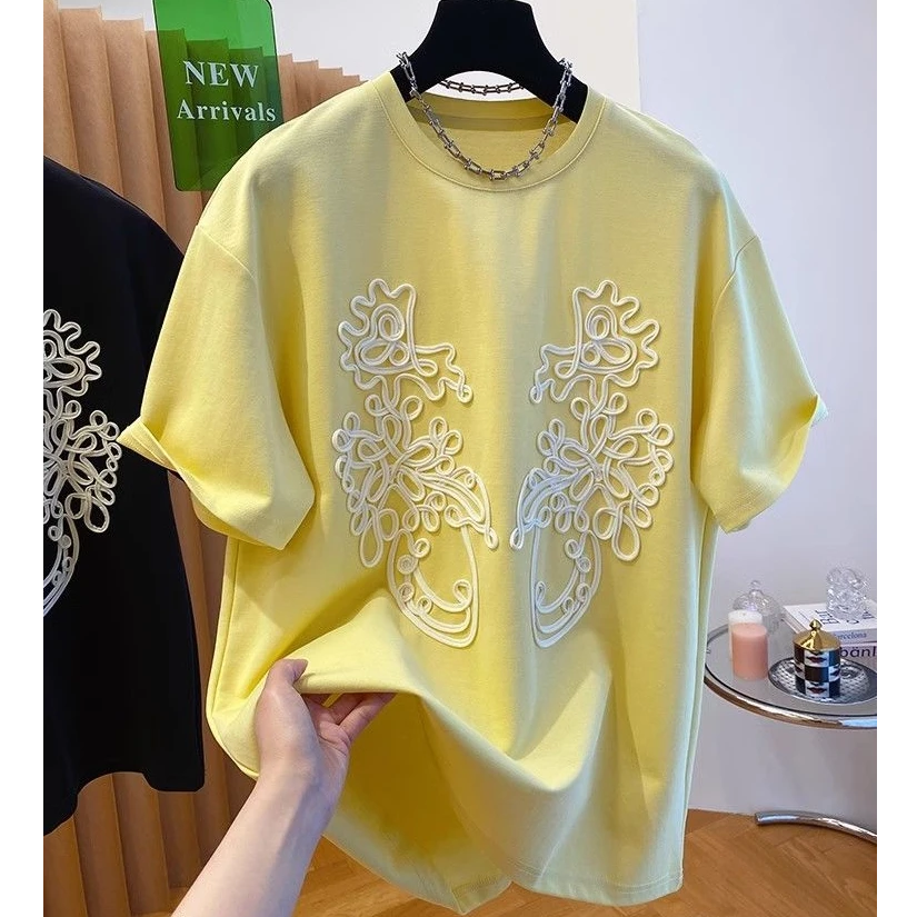 休闲户外ins大码别致立体花朵设计感短袖上衣女夏季宽松百搭T恤衫