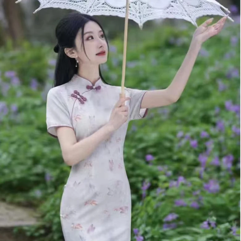 (1810)旗袍长旗袍日常新中式中长款中国风白色复古时尚风夏季
