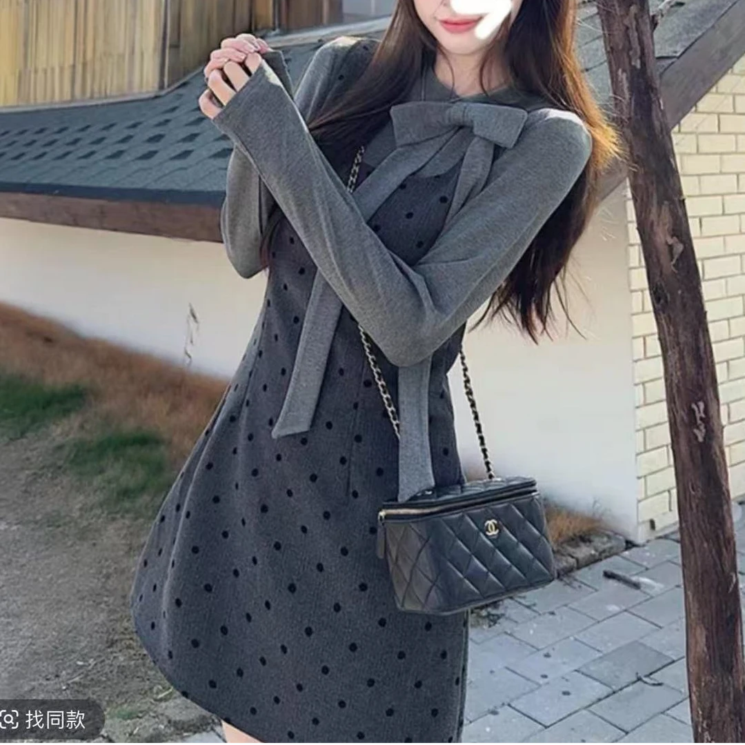 甜美风波点背带连衣裙打底上衣长袖套装显瘦气质法式赫本风