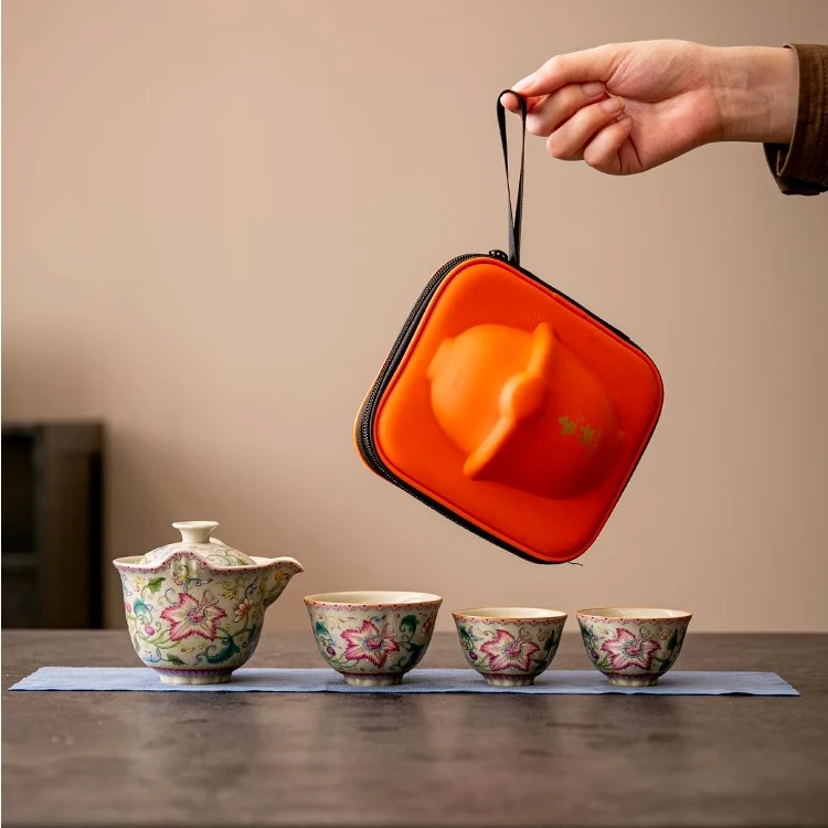 米黄汝窑凌霄花旅行杯茶具套装高端陶瓷快客杯功夫茶具户外便携式