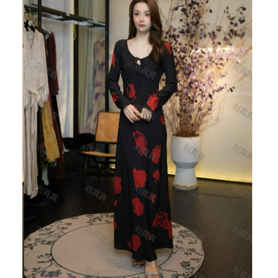 【刘真真黑红交织】Z360 菲菲法式长袖显瘦高腰修身印花连衣裙QC