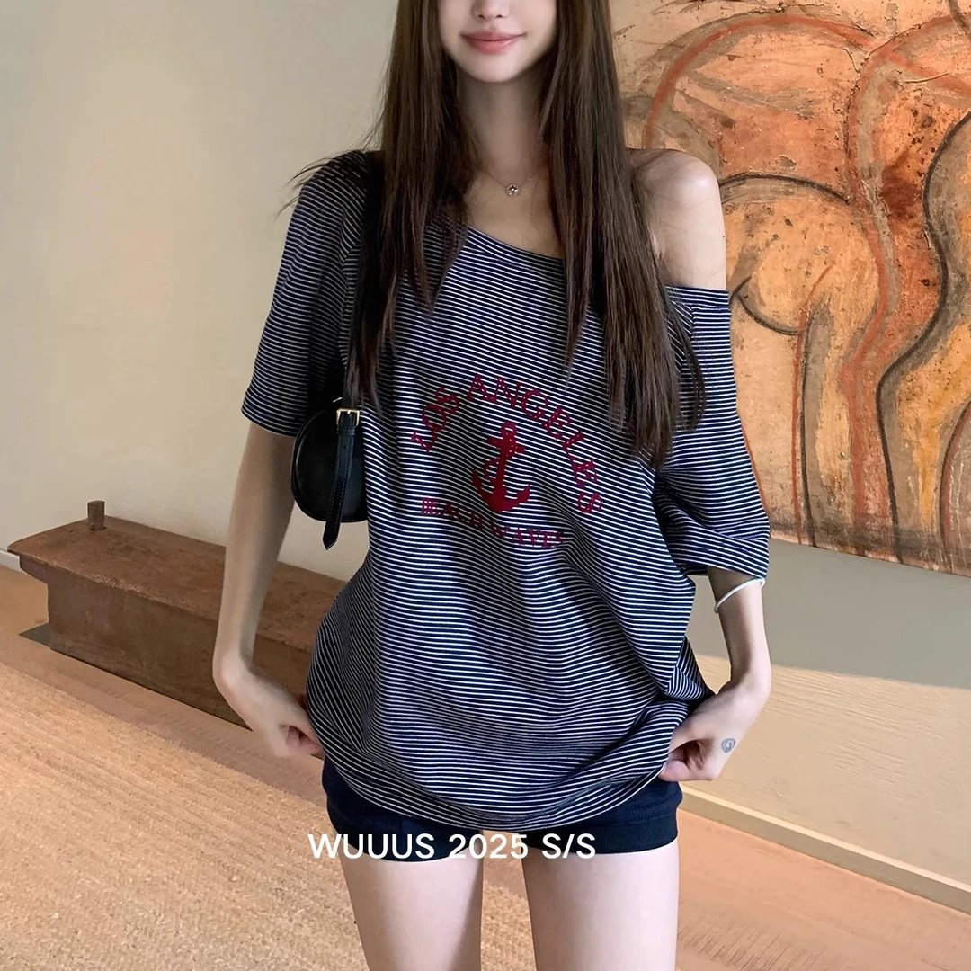 美式辣妹露肩慵懒风复古条纹字母印花圆领宽松百搭显瘦短袖T恤