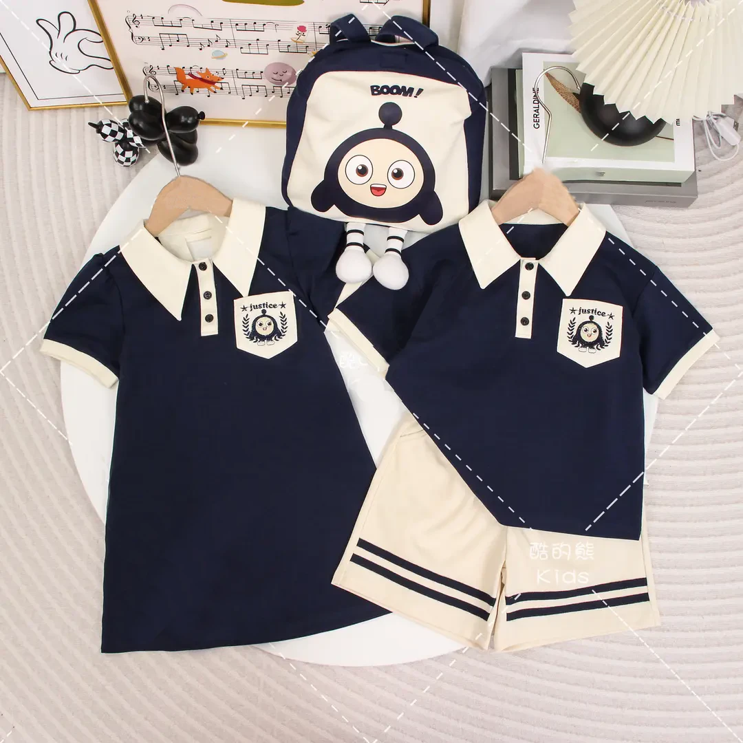 小女孩洋气韩范衣服夏季女童藏蓝色翻领裙儿童韩版时尚洋气连衣裙